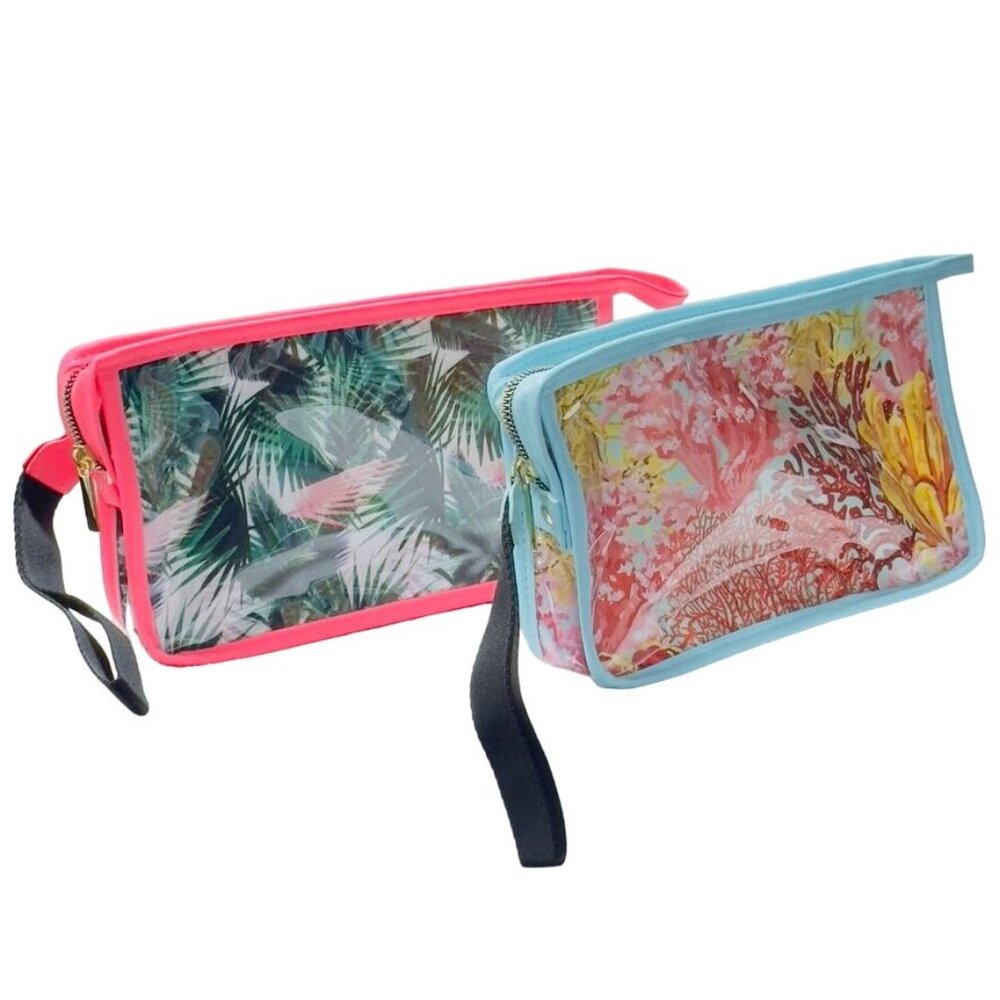 Women's Clear Vinyl Coral Reef / Floral Print Zippered Pouches Black Wrist Strap